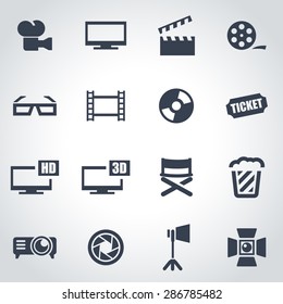 Vector black cinema icon set on grey background