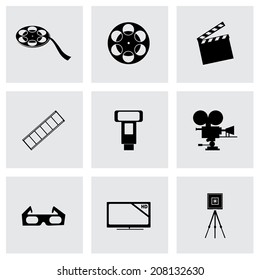 Vector black cinema icons set on grey background