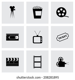 Vector black cinema icons set on grey background