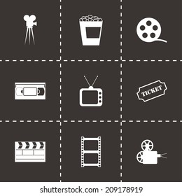 Vector black cinema icons set on black background