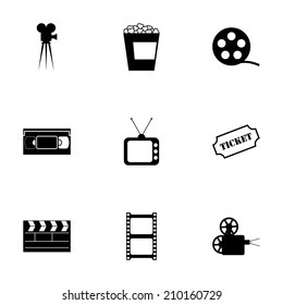 Vector black cinema icons set on white background