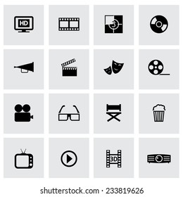 Vector black cinema icons set on grey background