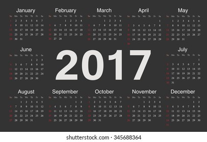 Vector black circle calendar 2017. Week starts from Sunday.