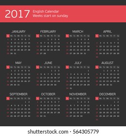 Vector black circle calendar 2017. Week starts from Sunday. Modern Calendar concept isolated on black background. EPS 10.