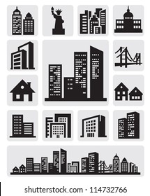 vector black cities silhouette icon set on gray