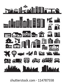 vector black city icons set on gray