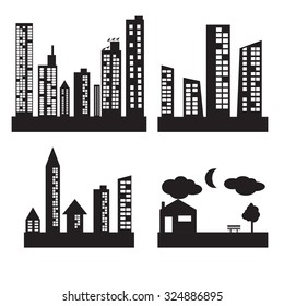 vector black city icons set on white