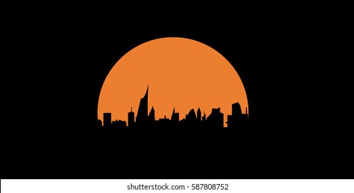 Vector black city silhouette illustration and orange sun
