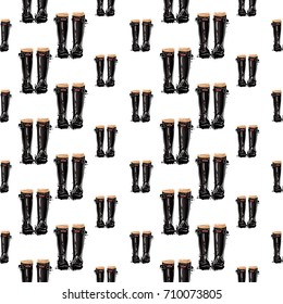 Vector black classic wellies with socks illustration. Seamless pattern in watercolor style. Background for decoration seasonal celebration, fabrics, textile, greeting card and web banner.