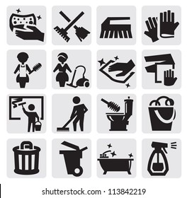 vector black cleaning icons set on gray