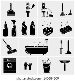 Vector black cleaning icons set.