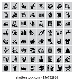 vector black cleaning icons set on gray