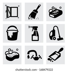 vector black cleaning icons set on gray