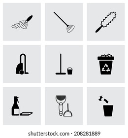 Vector black cleaning icons set on grey background