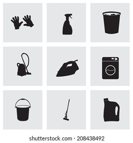 Vector black cleaning icons set on grey background