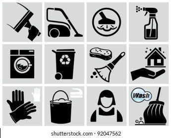 Vector black cleaning icons set.