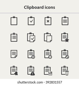 Vector black Clipboard icons set in flat style.Clipboard icons vector.Clipboard icons collection isolated.Vector List.Checklist vector.Office Clipboard icons set