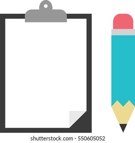 Vector black clipboard with white blank paper and turquoise pencil.
