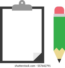Vector black clipboard with white blank paper and green pencil.