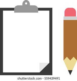 Vector black clipboard with white blank paper and brown pencil.