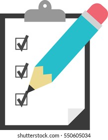 Vector black clipboard with white paper and turquoise pencil tick boxes check marks.