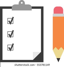 Vector black clipboard with white paper and orange pencil tick boxes check marks.