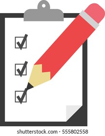Vector black clipboard with white paper and red pencil tick boxes check marks.