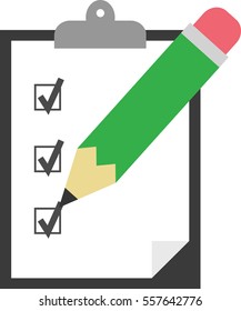 Vector black clipboard with white paper and green pencil tick boxes check marks.