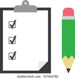 Vector black clipboard with white paper and green pencil tick boxes check marks.