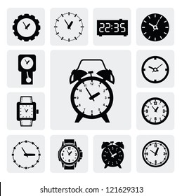 vector black clocks icons in the gray squares