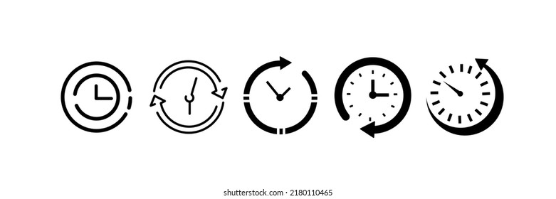 Vector black clocks icons. Set of time icons, clock, watch, alarm hour 24 hr
