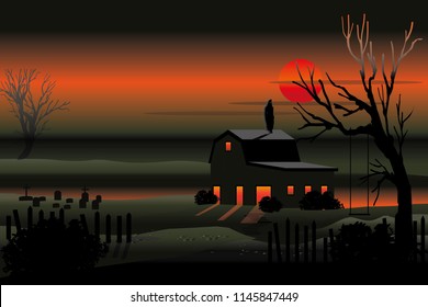 vector black cloth man standing on house roof.halloween background.horror scene.