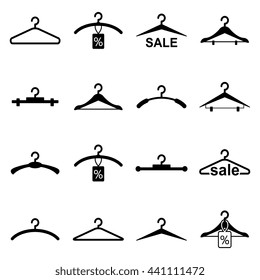 Vector black clothes Hanger icon collection isolated on white background. Sale offers