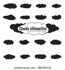 Vector black cloud icons set. Clouds silhouettes. Collection of various forms and contours. Design elements for the weather forecast, web interface or cloud storage applications.