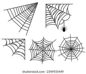 Vector black cobweb silhouette set isolated on white. Halloween decoration outline spider web collection.
