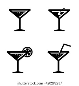 Vector black cocktail icons set on white background. Drink alcohol beverage icons