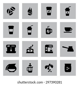 Vector black coffee icon set on grey background