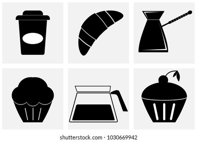 Vector black coffee icons set. All white areas are cut away from icons and black areas merged.