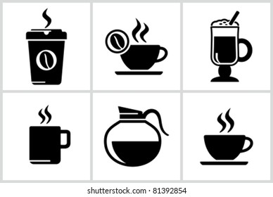 Vector black coffee icons set. All white areas are cut away from icons and black areas merged.