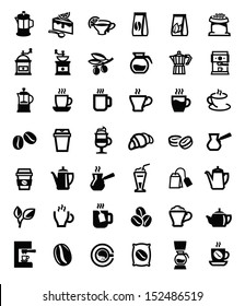 vector black coffee and tea icons set on white