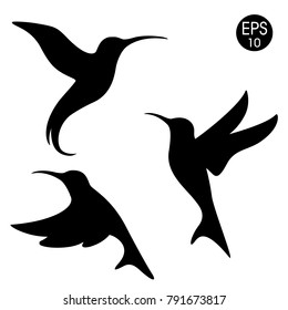 Vector black colibri silhouette. Birds set on white background