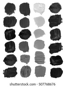 Vector Black color brush stain smears colors of gray, oil, acrylic, beautiful texture isolated on white