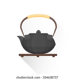 vector black color flat design asian tea cast iron kettle on wooden stand bamboo handle illustration isolated white background long shadow
