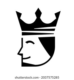 Vector Black Color Icon of Head of Man with Crown. Line Art Style Design of King on White Background