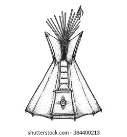 vector black color monochrome dotted art retro tattoo gravure style native american conical tent teepee housing ethnic sun sign on door isolated deco element realistic illustration white background
