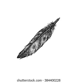 vector black color monochrome dotted art retro tattoo gravure style native american feather isolated decorative element realistic illustration white background