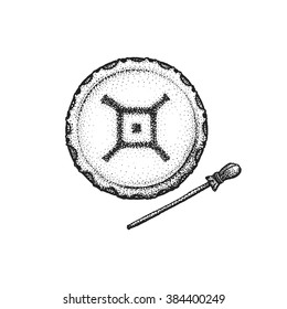 vector black color monochrome dotted art retro tattoo gravure style native american shaman tambourine drumstick spider ethnic sign isolated decorative element realistic illustration white background
