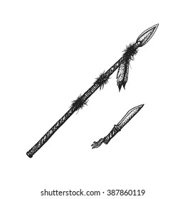 vector black color monochrome dotted art retro tattoo gravure style native american combat lance knife isolated decorative element realistic illustration white background