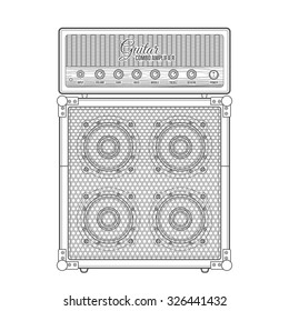 vector black color outline retro guitar combo amplifier cabinet technical illustration isolated white background
