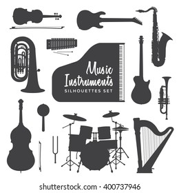 vector black color various music instruments silhouettes set isolated on white background 
